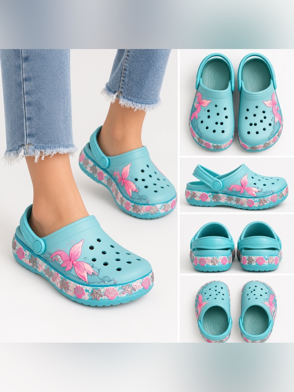 🩵 Crocs Kids Clogs – Youth Size 12, Mermaid and under the sea theme 🧜♀️
